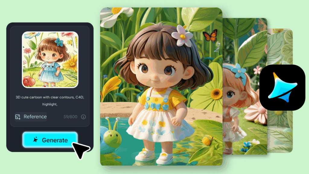 Interface d'application de génération d'images par intelligence artificielle affichant le processus de création d'illustrations 3D au style cartoon mignon.