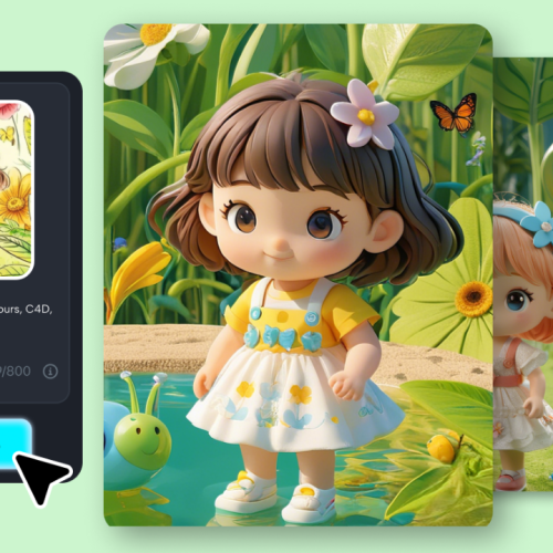 Interface d'application de génération d'images par intelligence artificielle affichant le processus de création d'illustrations 3D au style cartoon mignon.